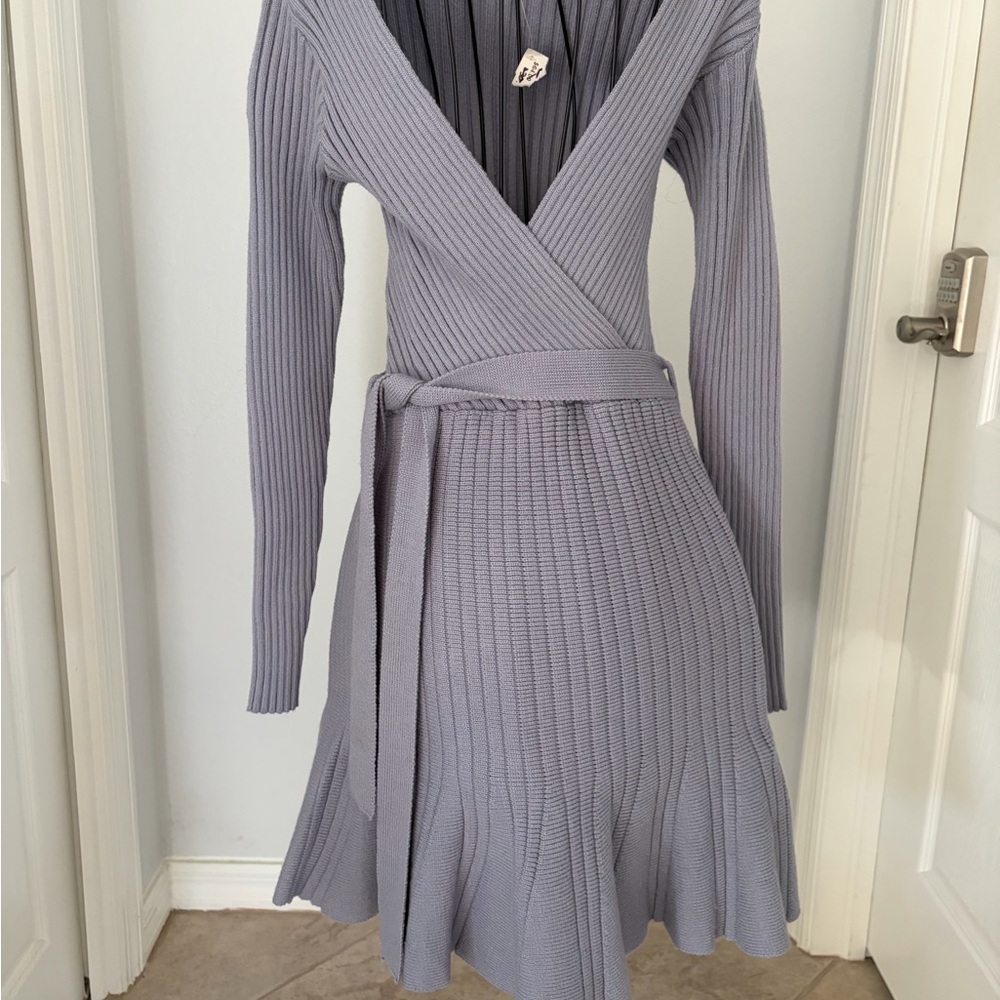 Ribbed Wrap Knit Long Sleeve Dress in Lilac